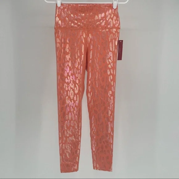 CARBON38 NWT HIGH RISE 7/8TH METALLIC FOIL LEOPARD PRINT LEGGINGS PINK PEACH XS - Picture 4 of 11